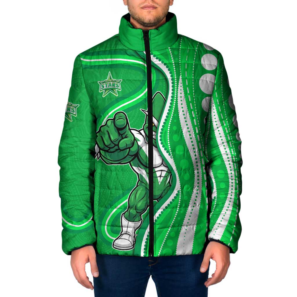 Melbourne Stars Padded Jacket Aboriginal Dot Art Green White - Tribal Wave Pattern