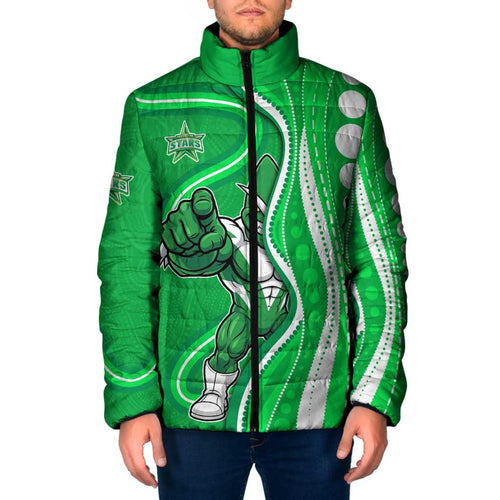 Melbourne Stars Padded Jacket Aboriginal Dot Art Green White - Tribal Wave Pattern