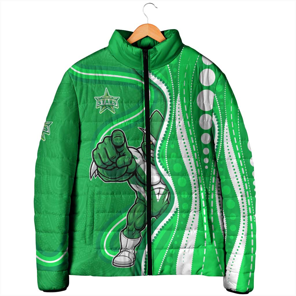 Melbourne Stars Padded Jacket Aboriginal Dot Art Green White - Tribal Wave Pattern