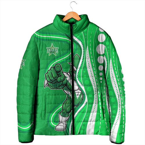 Melbourne Stars Padded Jacket Aboriginal Dot Art Green White - Tribal Wave Pattern