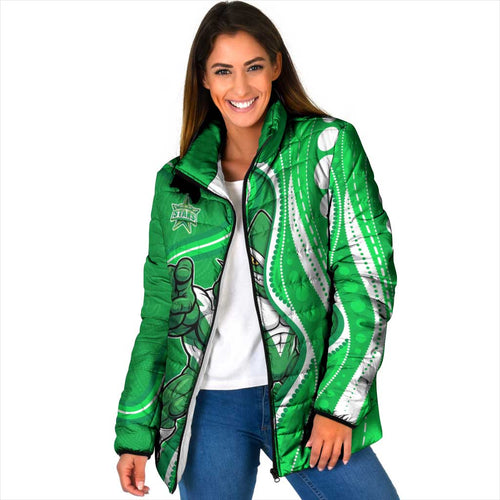 Melbourne Stars Padded Jacket Aboriginal Dot Art Green White - Tribal Wave Pattern