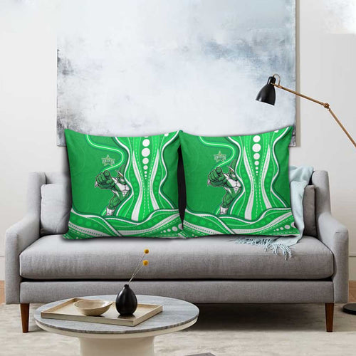 Melbourne Stars Pillow Cover Aboriginal Dot Art Green White - Tribal Wave Pattern