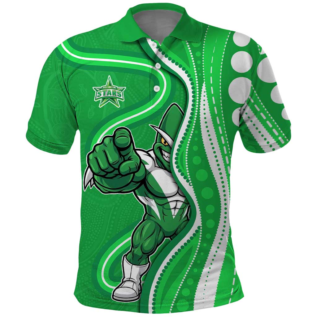 Melbourne Stars Polo Shirt Aboriginal Dot Art Green White - Tribal Wave Pattern