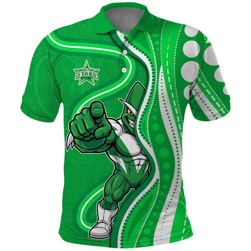 Melbourne Stars Polo Shirt Aboriginal Dot Art Green White - Tribal Wave Pattern