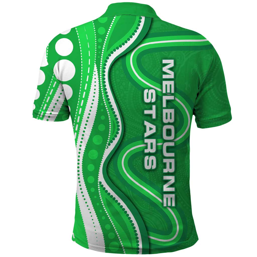Melbourne Stars Polo Shirt Aboriginal Dot Art Green White - Tribal Wave Pattern