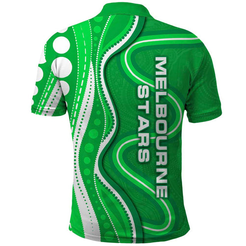Melbourne Stars Polo Shirt Aboriginal Dot Art Green White - Tribal Wave Pattern