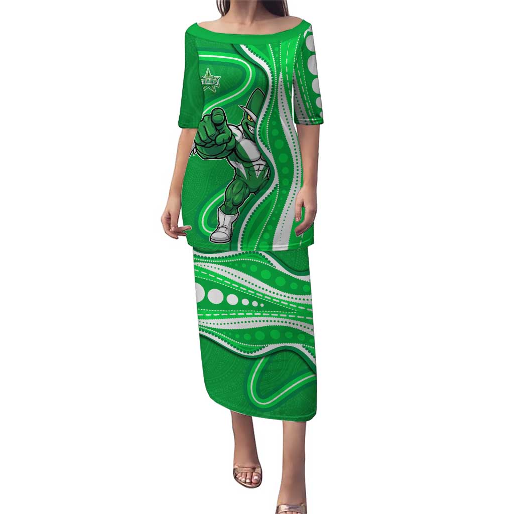 Melbourne Stars Puletasi Aboriginal Dot Art Green White - Tribal Wave Pattern