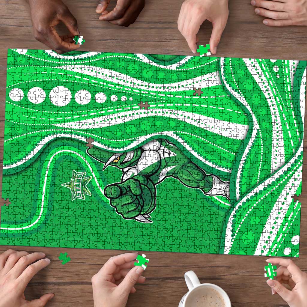Melbourne Stars Puzzle Aboriginal Dot Art Green White - Tribal Wave Pattern