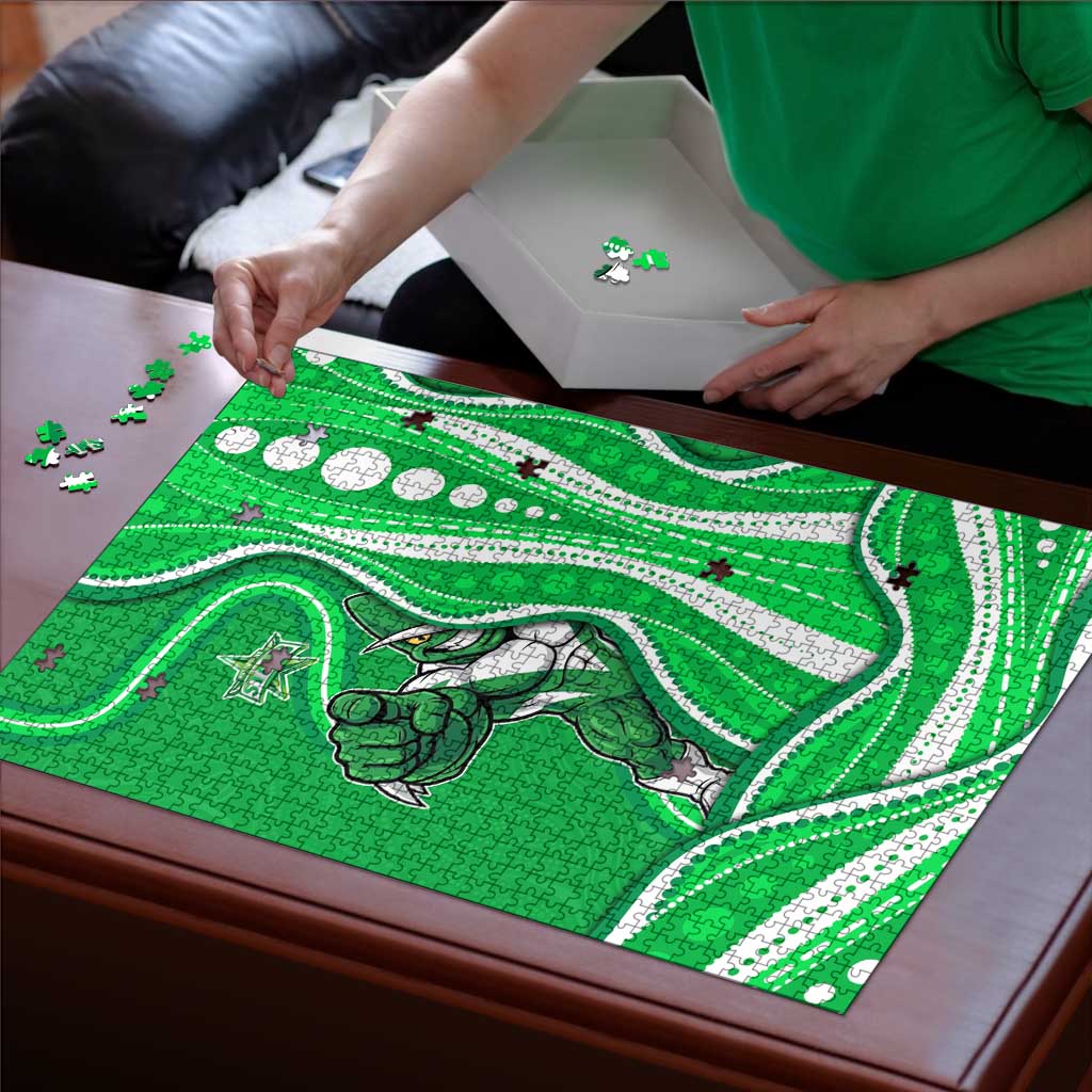 Melbourne Stars Puzzle Aboriginal Dot Art Green White - Tribal Wave Pattern