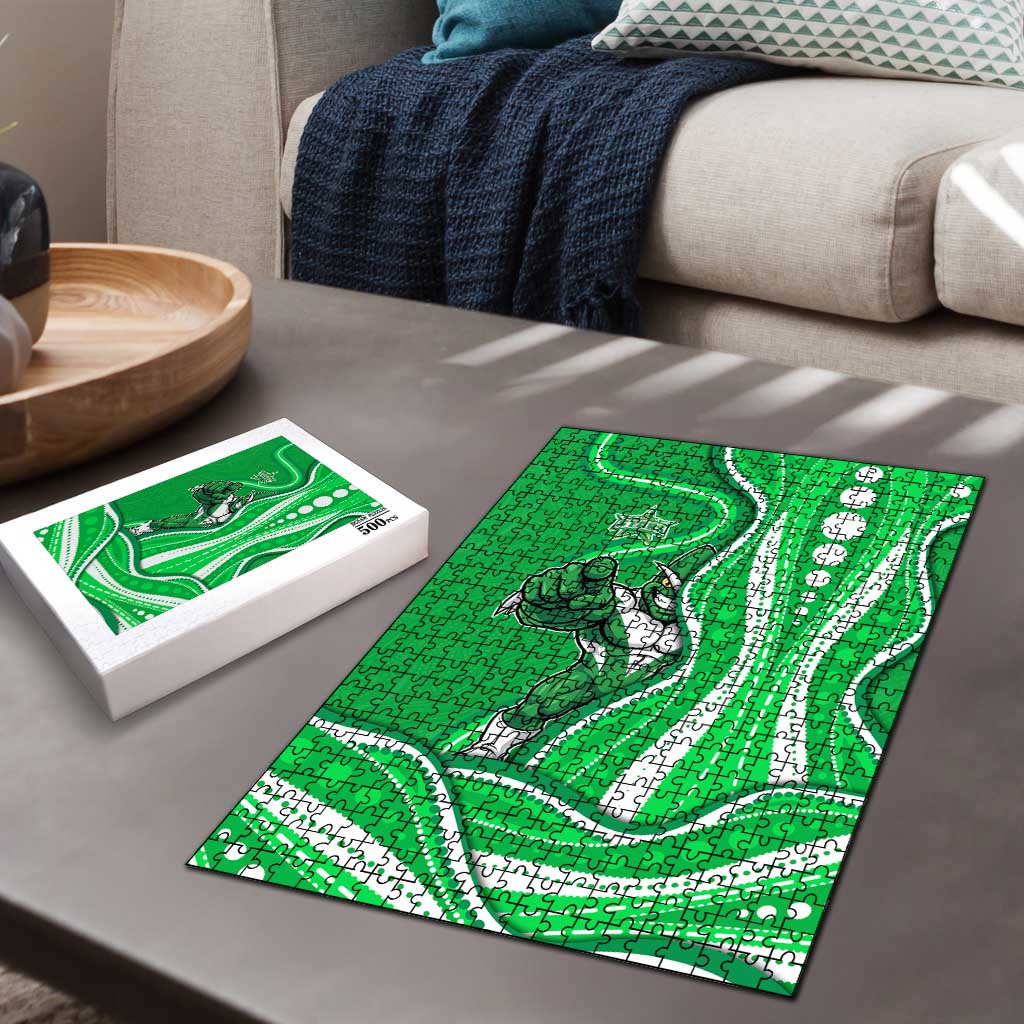 Melbourne Stars Puzzle Aboriginal Dot Art Green White - Tribal Wave Pattern