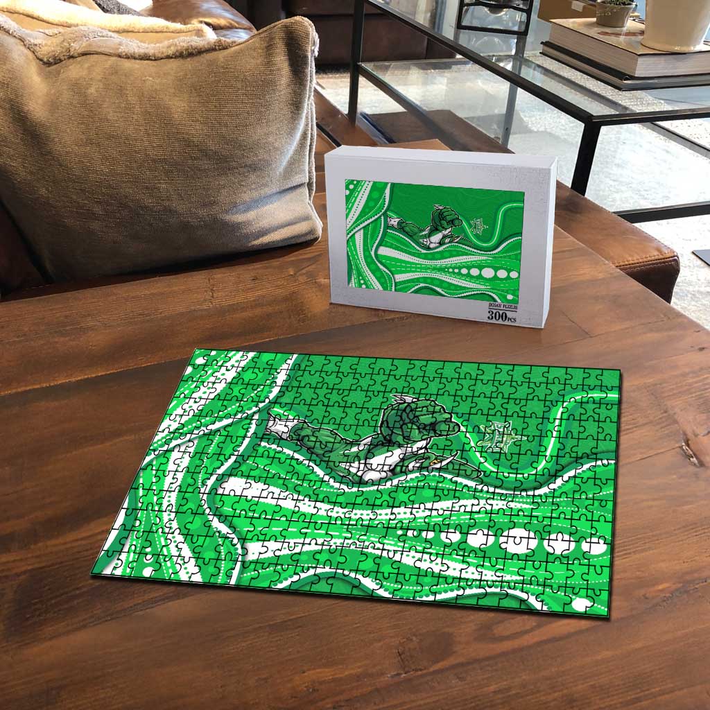 Melbourne Stars Puzzle Aboriginal Dot Art Green White - Tribal Wave Pattern