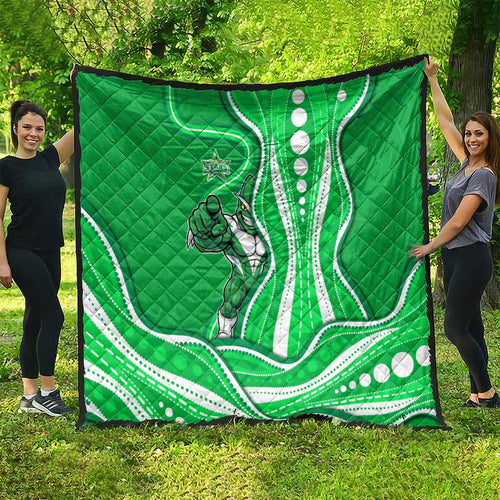 Melbourne Stars Quilt Aboriginal Dot Art Green White - Tribal Wave Pattern