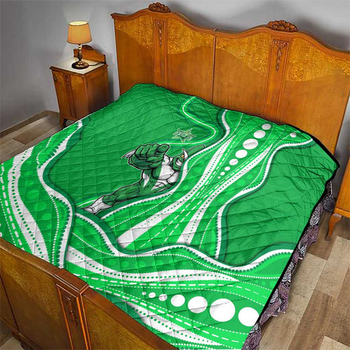 Melbourne Stars Quilt Aboriginal Dot Art Green White - Tribal Wave Pattern