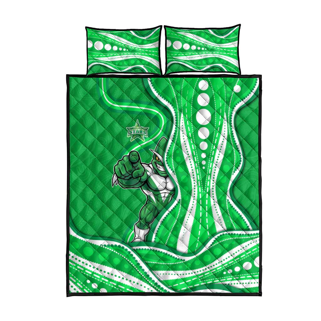 Melbourne Stars Quilt Bed Set Aboriginal Dot Art Green White - Tribal Wave Pattern