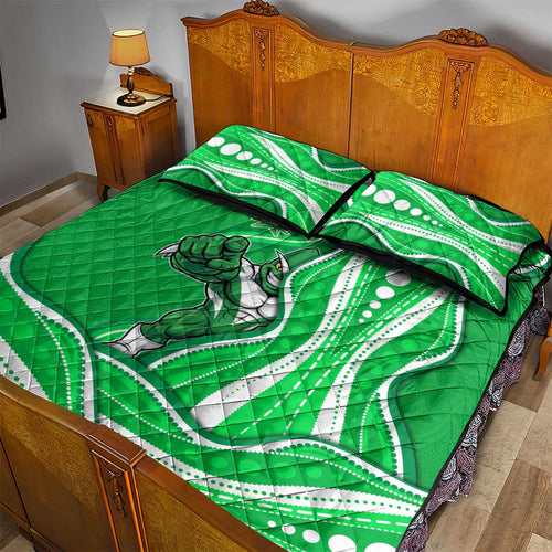 Melbourne Stars Quilt Bed Set Aboriginal Dot Art Green White - Tribal Wave Pattern