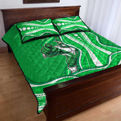 Melbourne Stars Quilt Bed Set Aboriginal Dot Art Green White - Tribal Wave Pattern