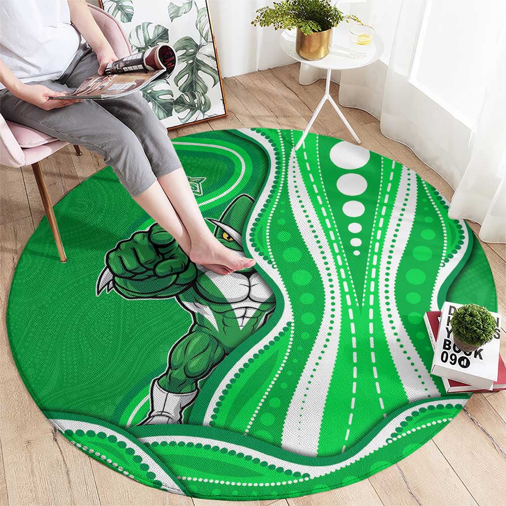 Melbourne Stars Round Carpet Aboriginal Dot Art Green White - Tribal Wave Pattern