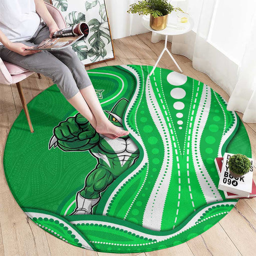 Melbourne Stars Round Carpet Aboriginal Dot Art Green White - Tribal Wave Pattern