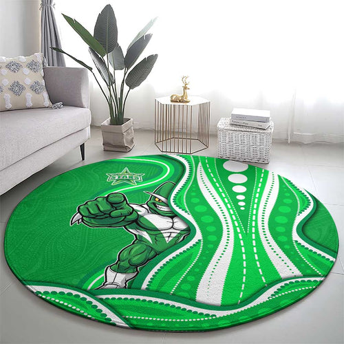 Melbourne Stars Round Carpet Aboriginal Dot Art Green White - Tribal Wave Pattern