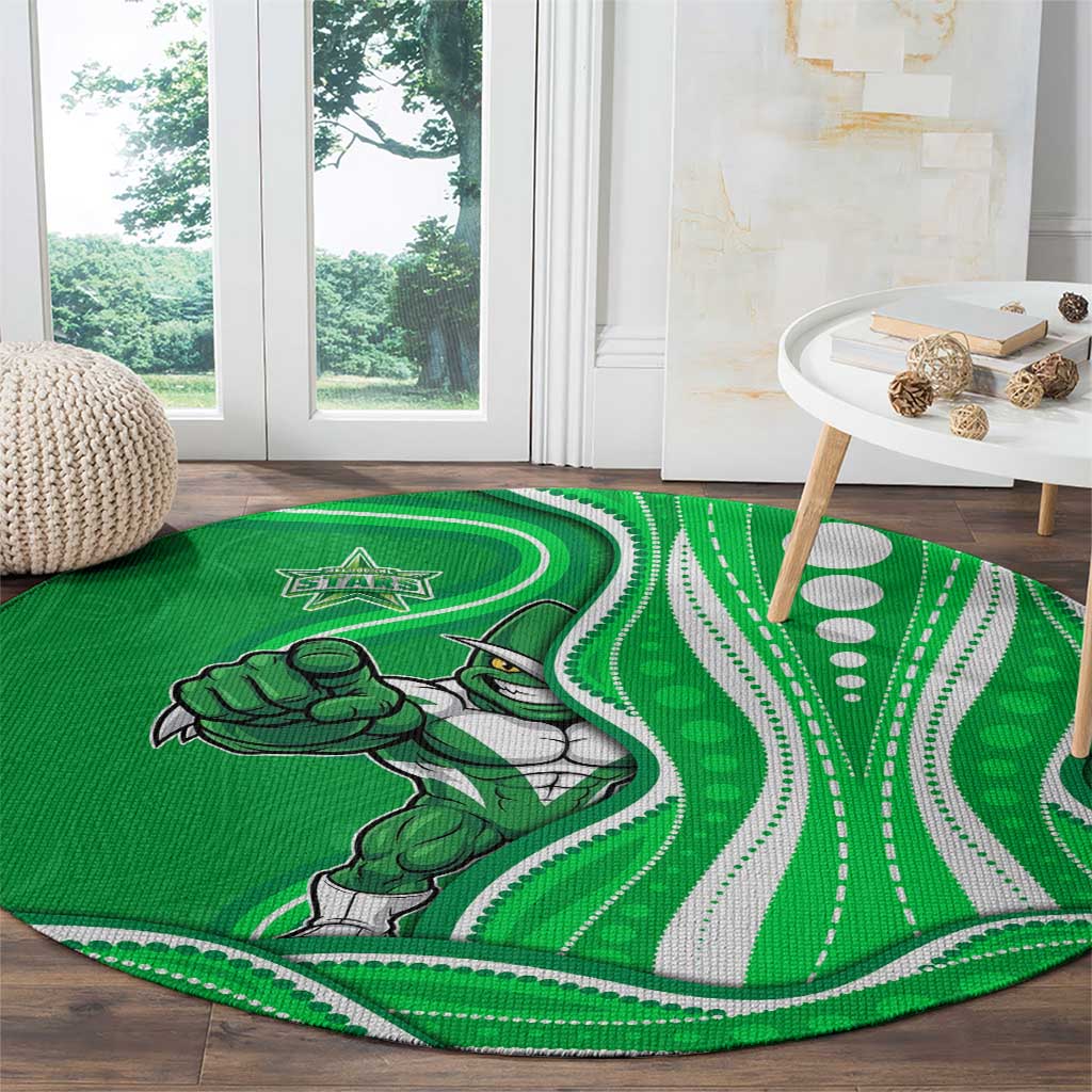Melbourne Stars Round Carpet Aboriginal Dot Art Green White - Tribal Wave Pattern