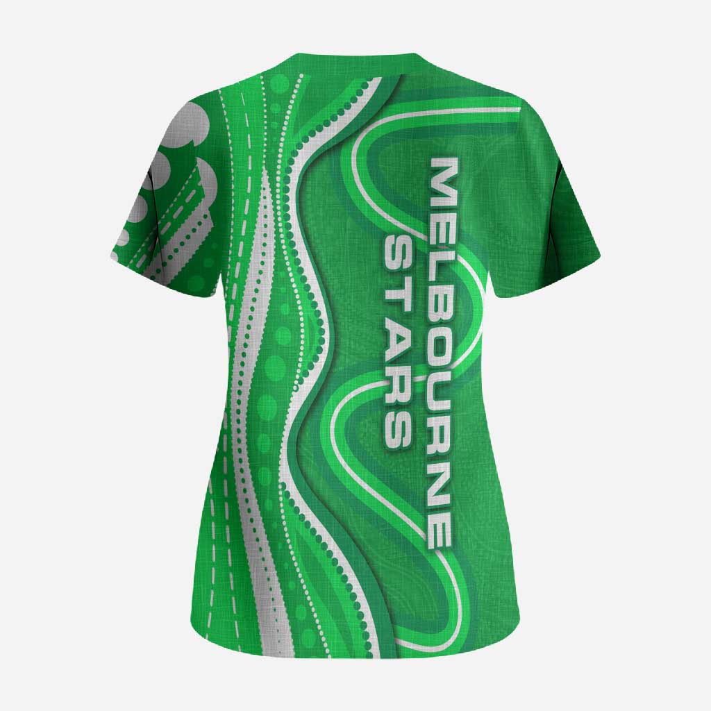 Melbourne Stars Scrub Top Aboriginal Dot Art Green White - Tribal Wave Pattern