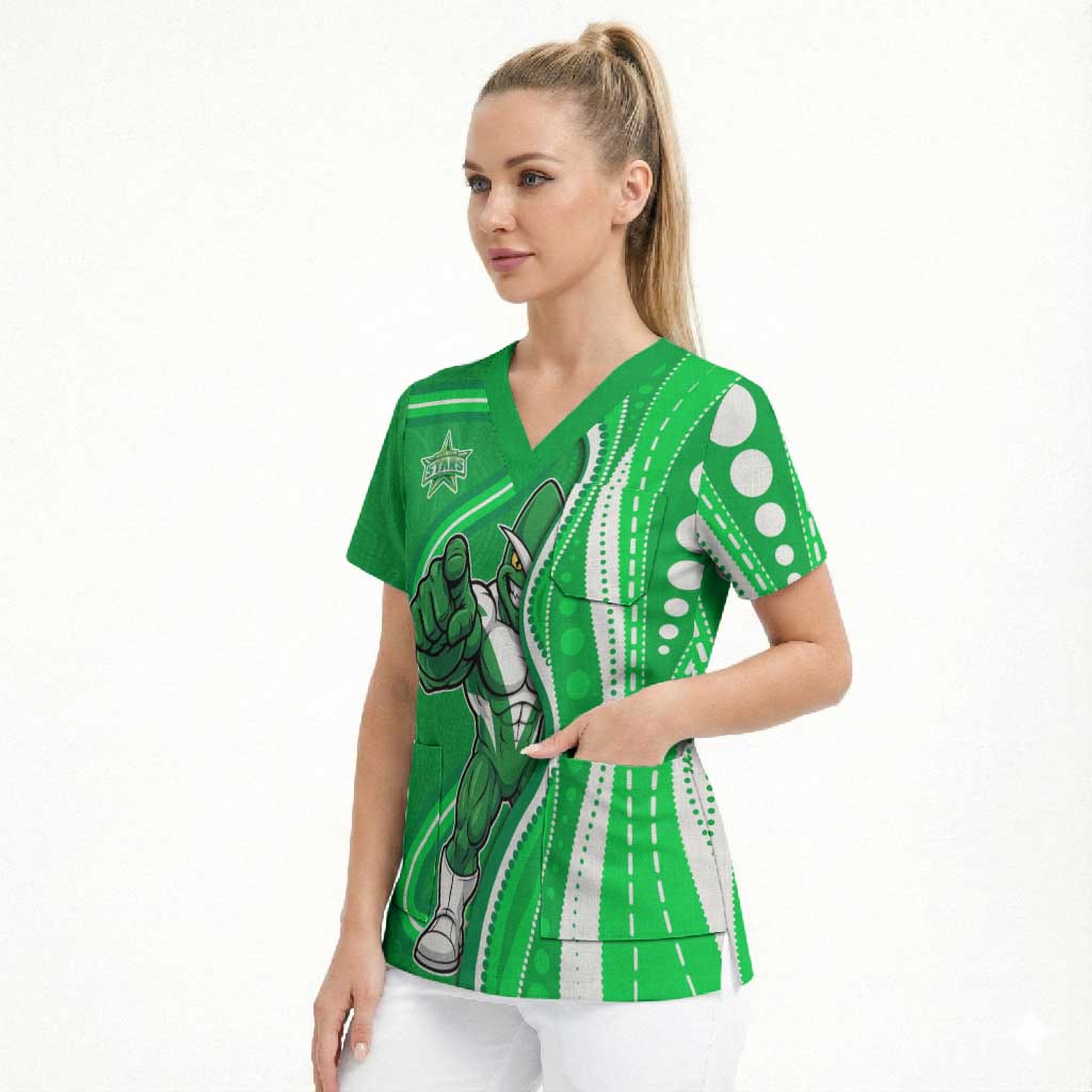 Melbourne Stars Scrub Top Aboriginal Dot Art Green White - Tribal Wave Pattern