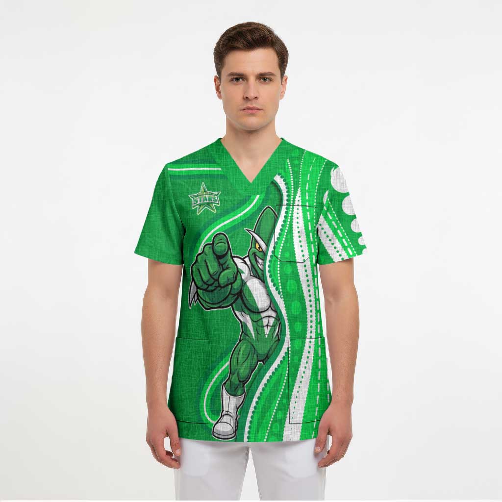 Melbourne Stars Scrub Top Aboriginal Dot Art Green White - Tribal Wave Pattern