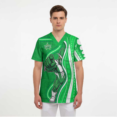 Melbourne Stars Scrub Top Aboriginal Dot Art Green White - Tribal Wave Pattern