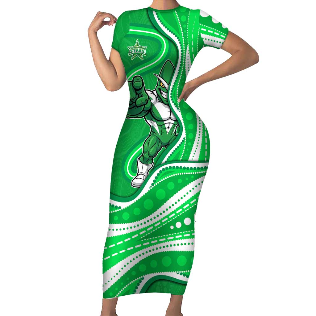 Melbourne Stars Short Sleeve Bodycon Dress Aboriginal Dot Art Green White - Tribal Wave Pattern