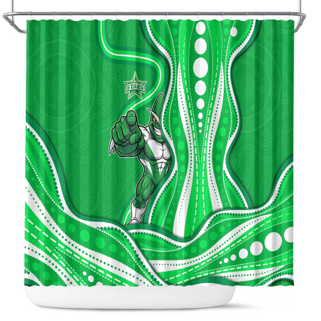 Melbourne Stars Shower Curtain Aboriginal Dot Art Green White - Tribal Wave Pattern