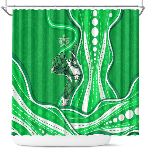 Melbourne Stars Shower Curtain Aboriginal Dot Art Green White - Tribal Wave Pattern