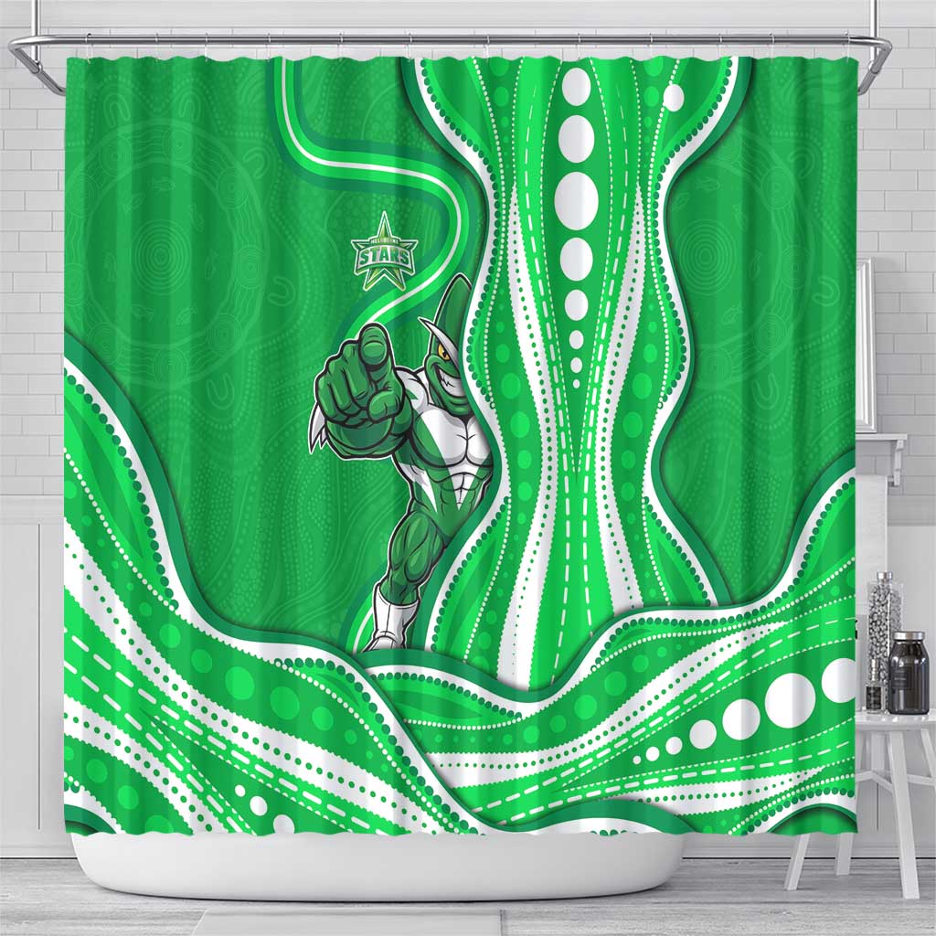 Melbourne Stars Shower Curtain Aboriginal Dot Art Green White - Tribal Wave Pattern