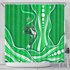 Melbourne Stars Shower Curtain Aboriginal Dot Art Green White - Tribal Wave Pattern