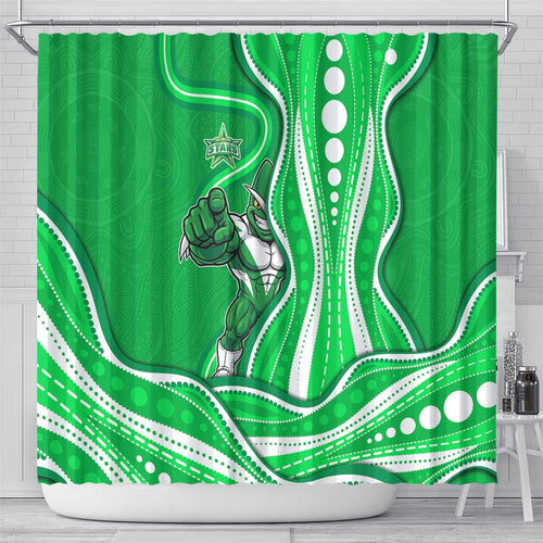 Melbourne Stars Shower Curtain Aboriginal Dot Art Green White - Tribal Wave Pattern