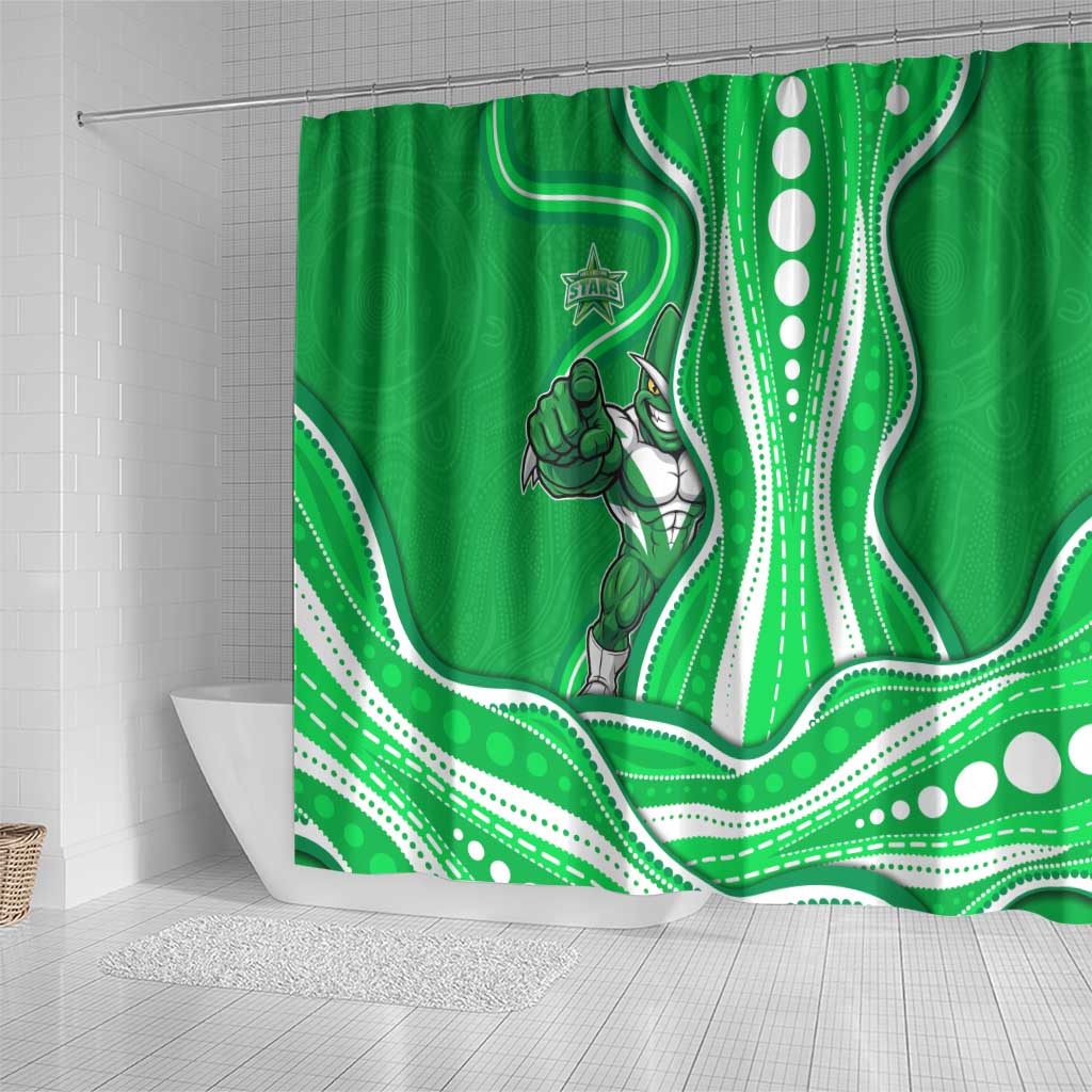 Melbourne Stars Shower Curtain Aboriginal Dot Art Green White - Tribal Wave Pattern