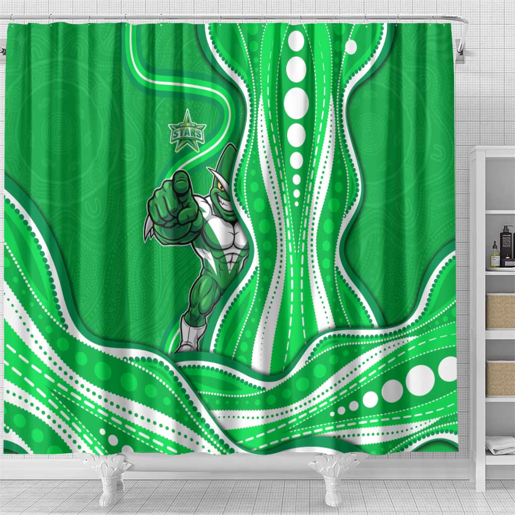 Melbourne Stars Shower Curtain Aboriginal Dot Art Green White - Tribal Wave Pattern