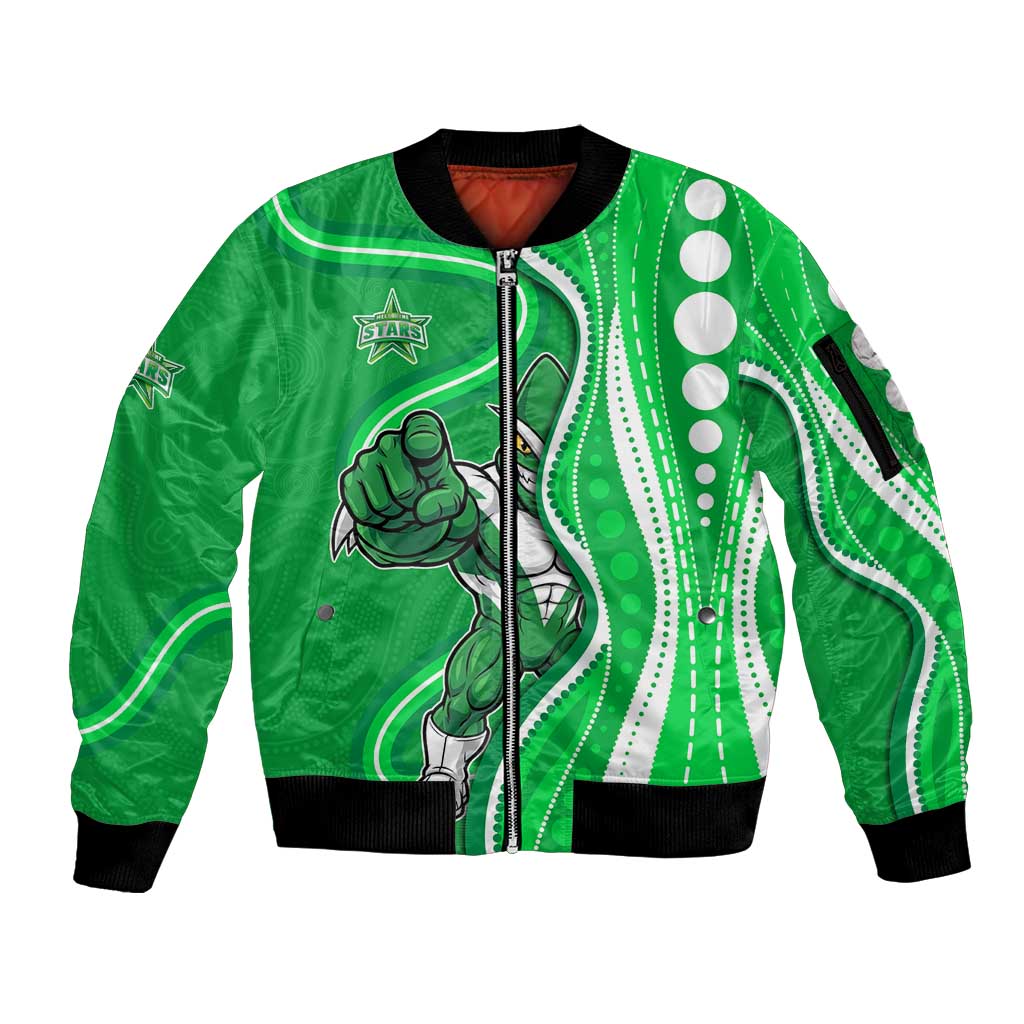 Melbourne Stars Sleeve Zip Bomber Jacket Aboriginal Dot Art Green White - Tribal Wave Pattern
