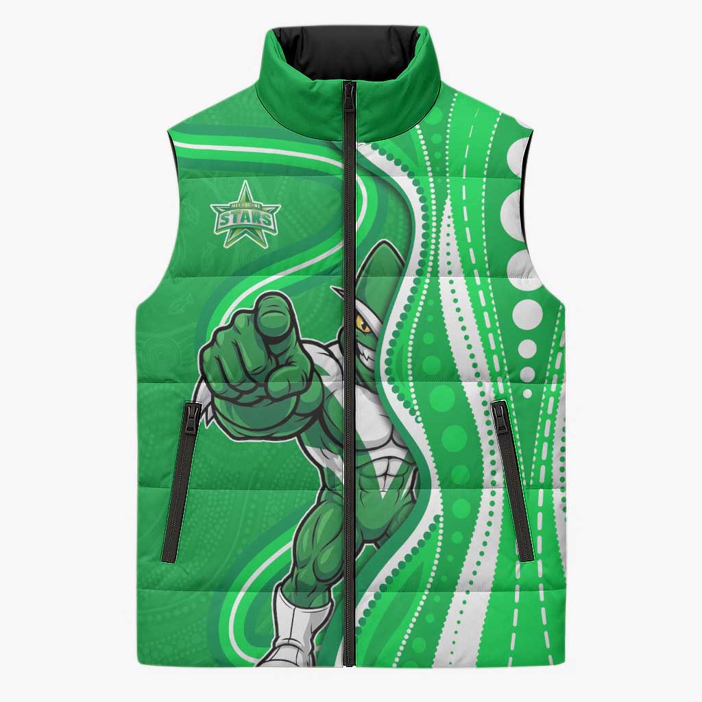 Melbourne Stars Sleeveless Puffer Jacket Aboriginal Dot Art Green White - Tribal Wave Pattern