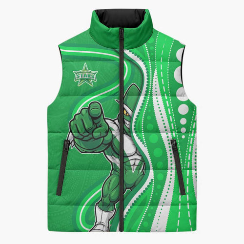 Melbourne Stars Sleeveless Puffer Jacket Aboriginal Dot Art Green White - Tribal Wave Pattern