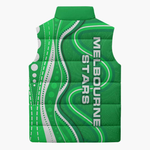Melbourne Stars Sleeveless Puffer Jacket Aboriginal Dot Art Green White - Tribal Wave Pattern