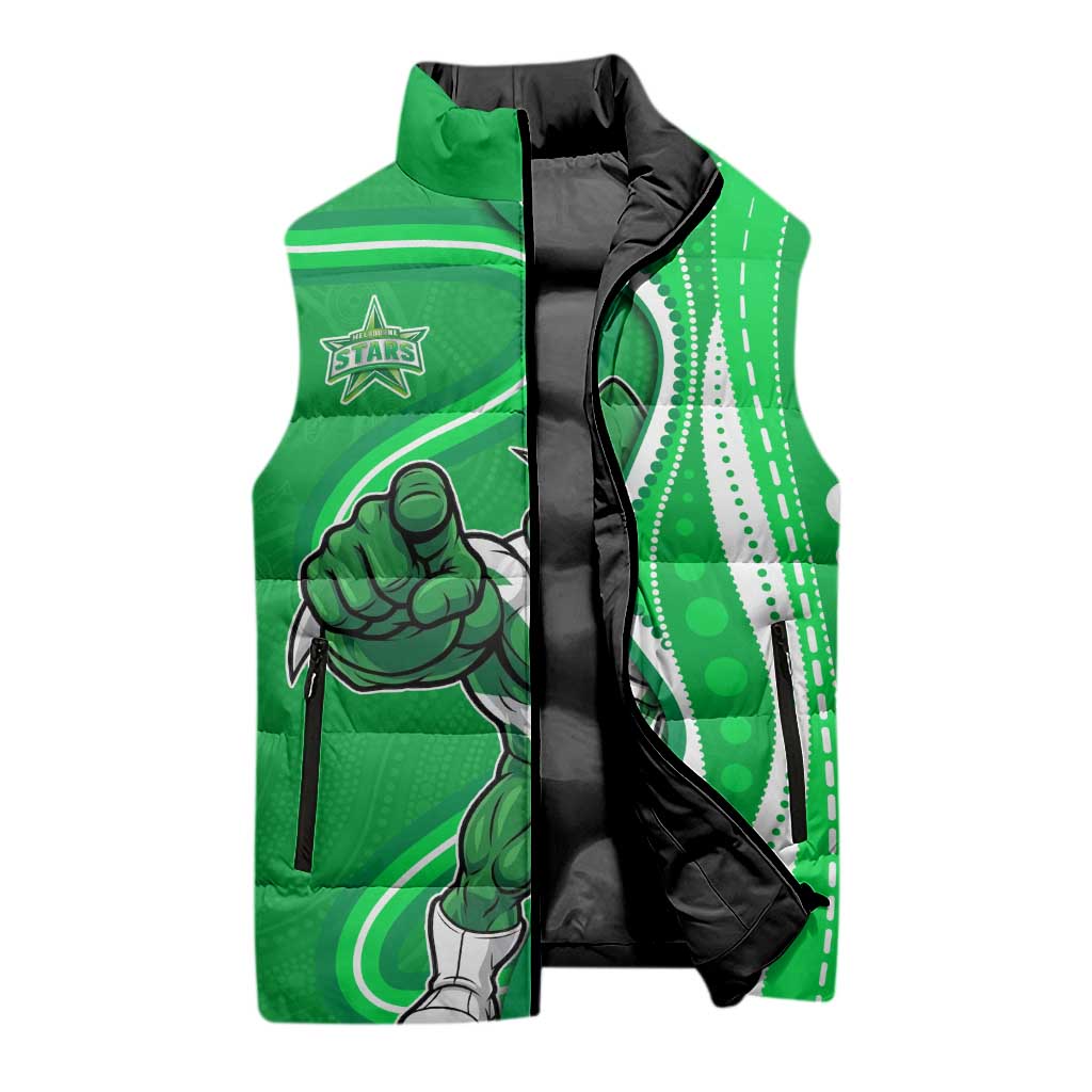 Melbourne Stars Sleeveless Puffer Jacket Aboriginal Dot Art Green White - Tribal Wave Pattern