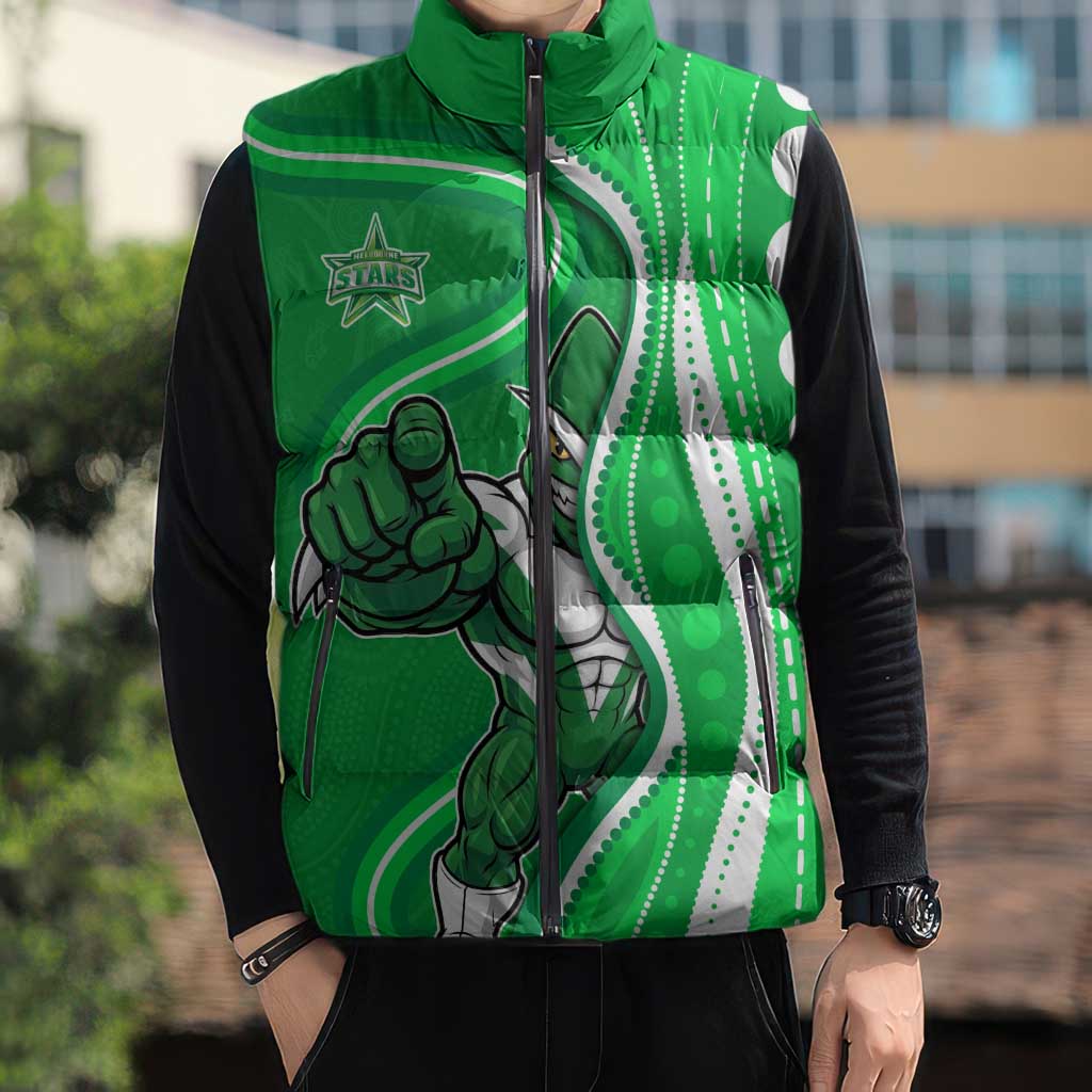 Melbourne Stars Sleeveless Puffer Jacket Aboriginal Dot Art Green White - Tribal Wave Pattern