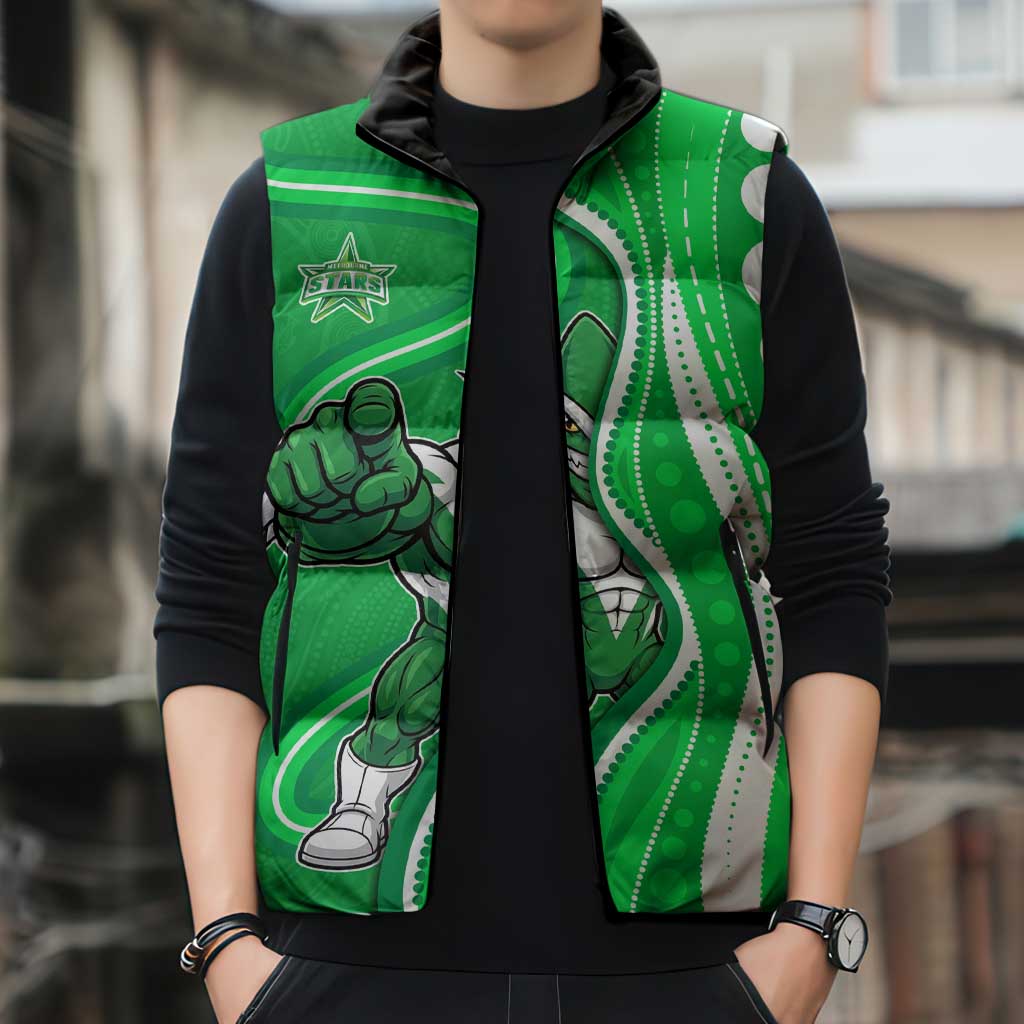 Melbourne Stars Sleeveless Puffer Jacket Aboriginal Dot Art Green White - Tribal Wave Pattern
