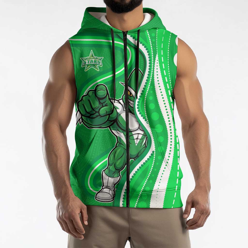 Melbourne Stars Sleeveless Zip Hoodie Aboriginal Dot Art Green White - Tribal Wave Pattern