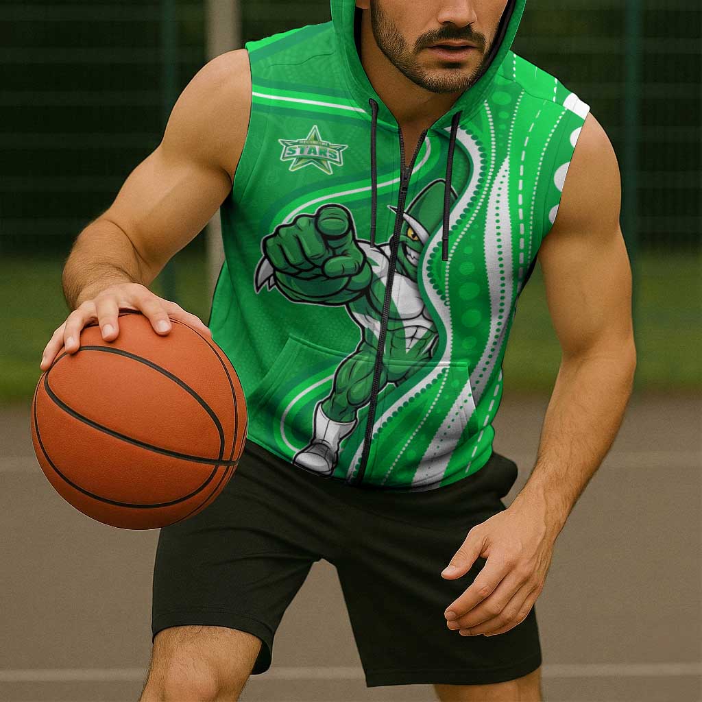Melbourne Stars Sleeveless Zip Hoodie Aboriginal Dot Art Green White - Tribal Wave Pattern