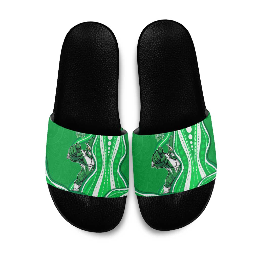 Melbourne Stars Slide Sandals Aboriginal Dot Art Green White - Tribal Wave Pattern