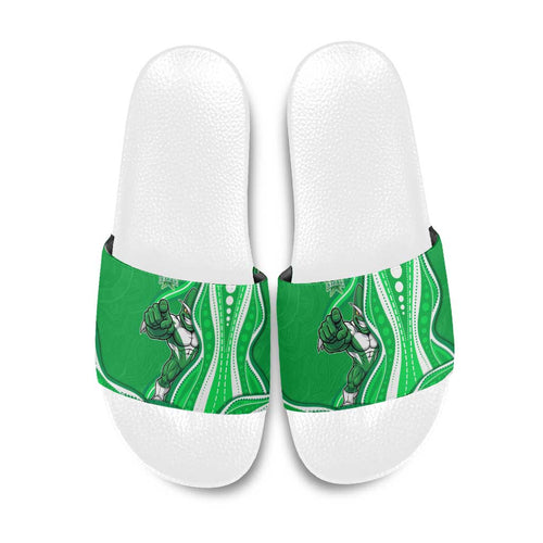 Melbourne Stars Slide Sandals Aboriginal Dot Art Green White - Tribal Wave Pattern