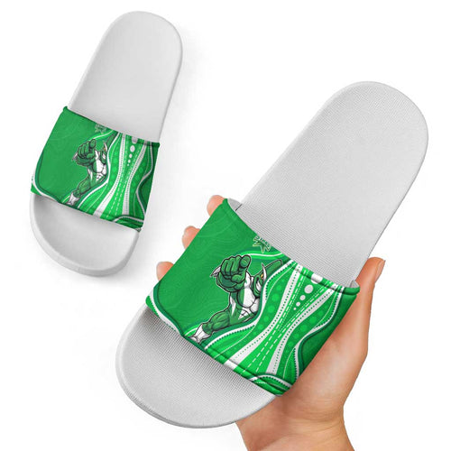 Melbourne Stars Slide Sandals Aboriginal Dot Art Green White - Tribal Wave Pattern