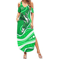 Melbourne Stars Summer Maxi Dress Aboriginal Dot Art Green White - Tribal Wave Pattern