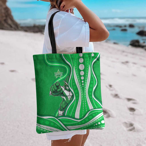 Melbourne Stars Tote Bag Aboriginal Dot Art Green White - Tribal Wave Pattern